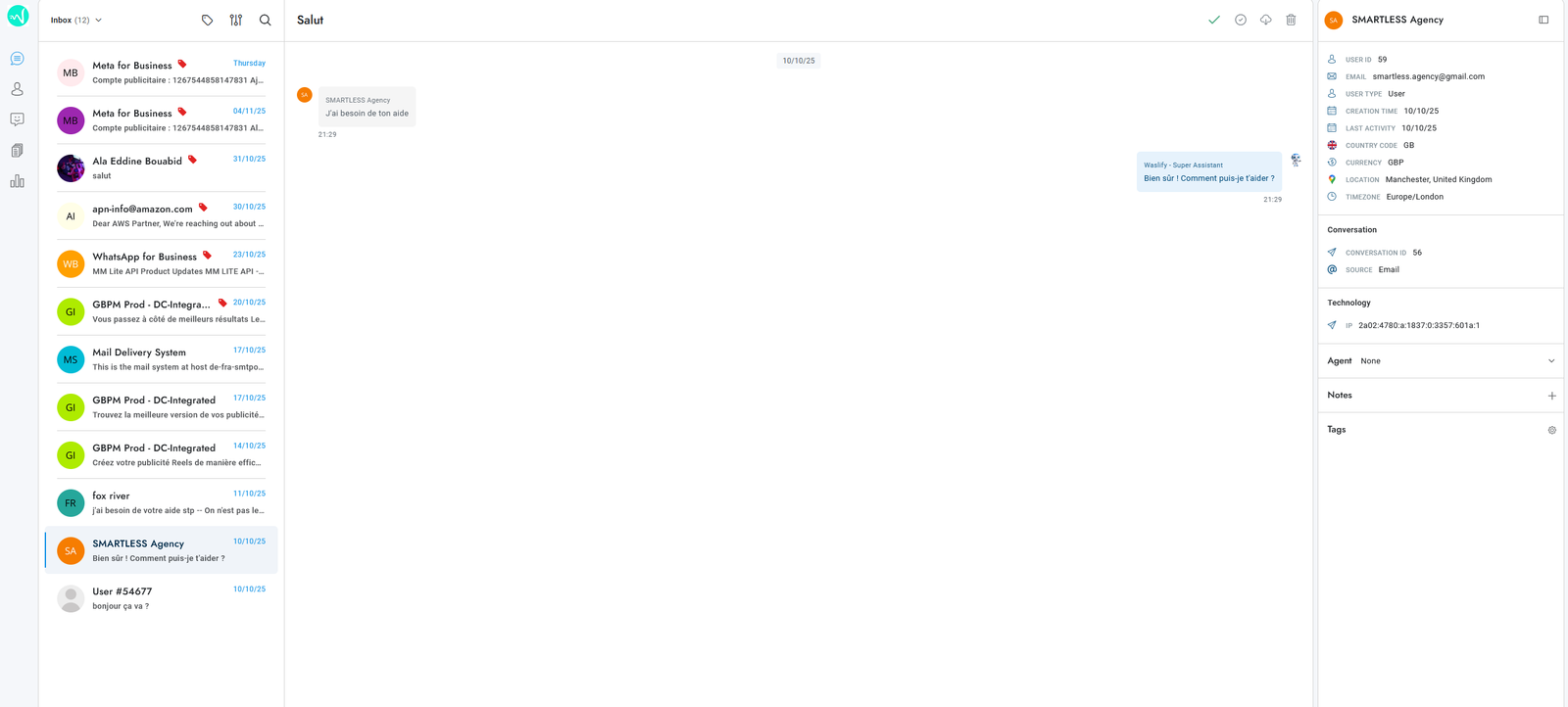 Screenshot de l'interface Waslify